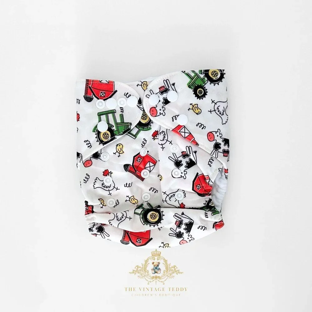NWT Cute Baby Cloth Diapers Reusable Washable Little Farmer Farm Theme Set of 4
